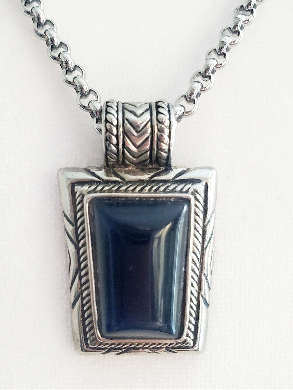 Men's Silver Pendant Necklace with Dark Blue Rectangular Stone & Ornate Bezel